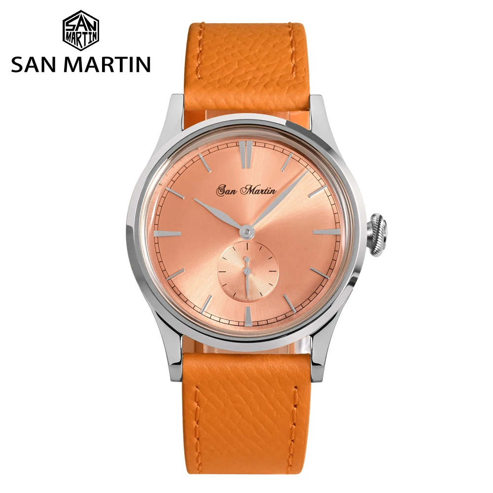 San Martin-Relógio de quartzo masculino com pulseira de couro, mostrador Salmon Sunray, Ronda 715/6004, movimento vintage, relógios simples, 5 bar,