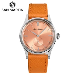 San Martin-Reloj de vestir para hombre, cronógrafo de 38mm con esfera de salmón Sunray, redondo 715/6004, movimiento de cuarzo, Vintage, sencillo, 5 Bar, correa de cuero