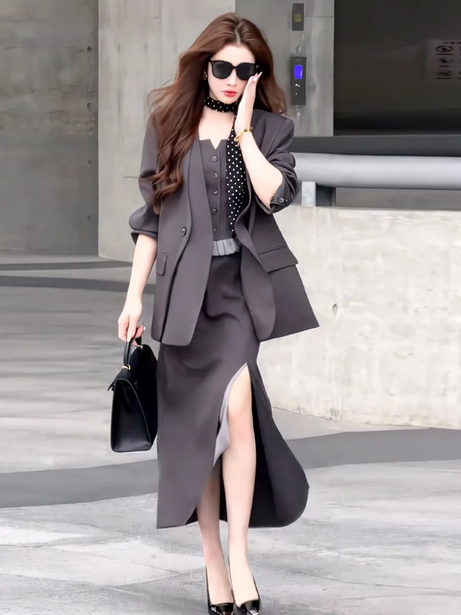 

Retro Fashion Long Sleeve Suit Jacket Strapless Top Slimming Long Dress Three Piece Set Women's Korean Style Loose Fit Autumn...