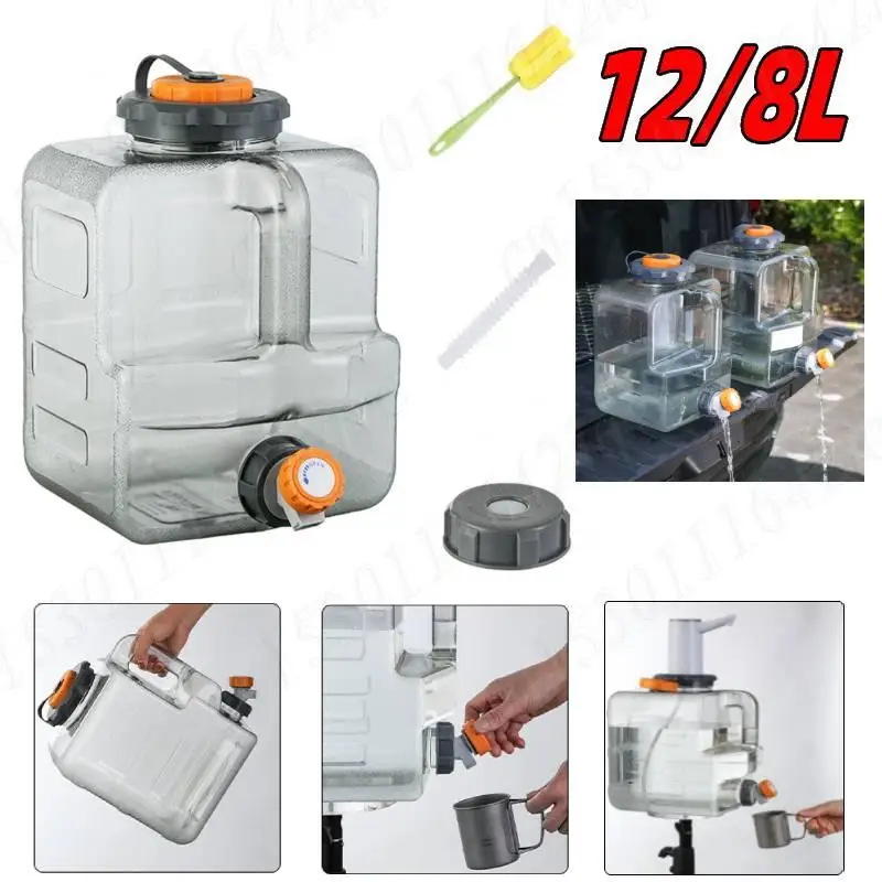 

8L /12L Camping Water Jug Long Square Transparent Water Tank with Faucet Emergency Water Storage Container Outdoor Water Bucket