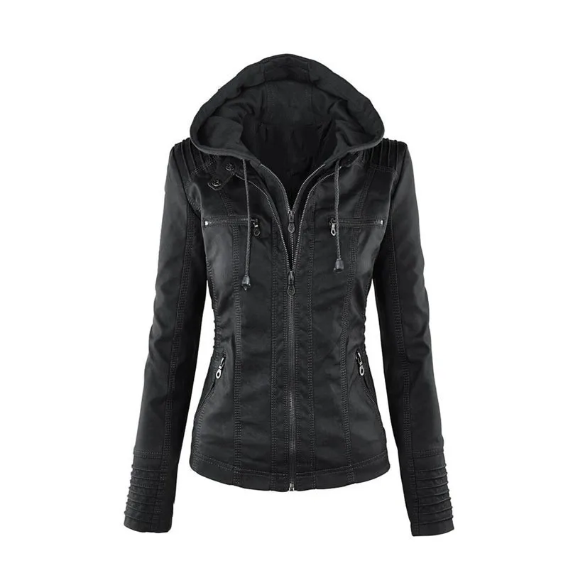 2025 Fashion Winter Faux Leather Jacket Women's Basic Jackets Hooded Black Slim Motorcycle Jacket Women Coats Female jaqueta