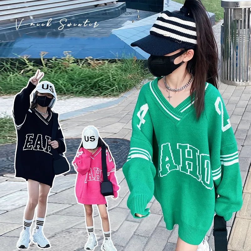 Young girls Sweaters Autumn Children\'s Cotton Wool Sweatshirt Teens girls Jumpers Long Loose Letter V-neck Knitted Kids Clothing