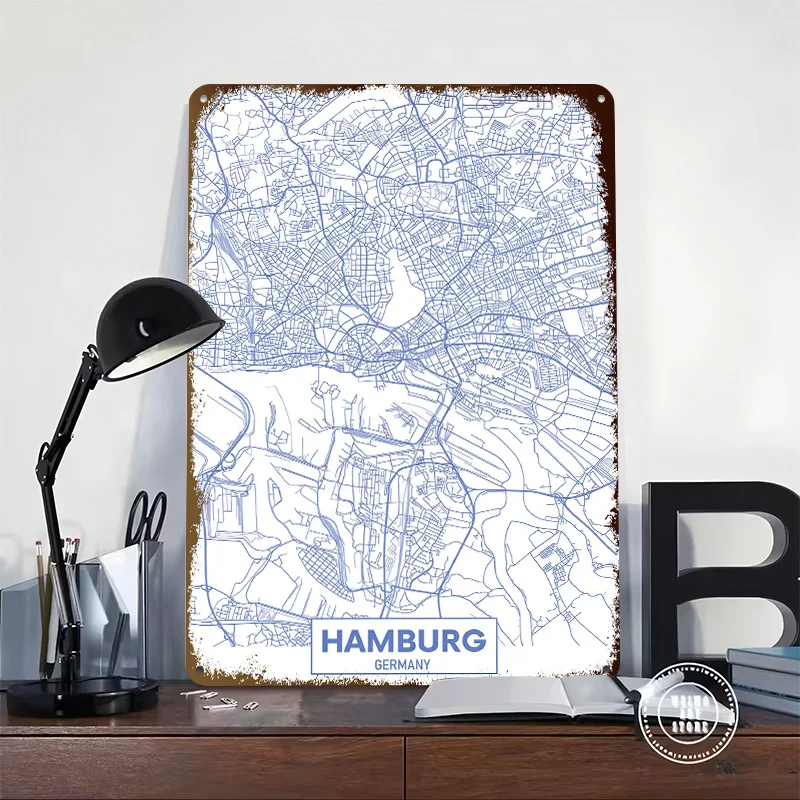 Hamburg Germany City Map Tinplate Poster Custom Wall Art Vintage Metal Signs Retro Tin Plaque for Gaming Decoration Room House