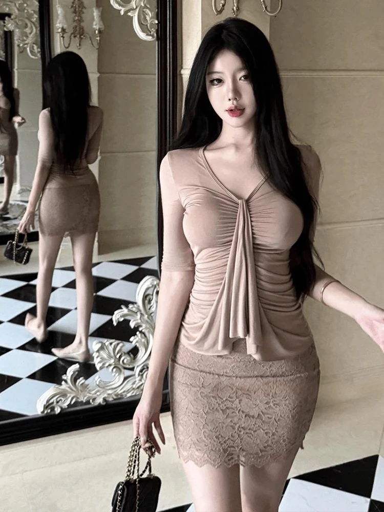 

SYJ Pure Desire V-neck Pleated Tie-waisted Short Sleeve Lace Wrap Bodycon Skirt Set Women's Summer Fashion Casual Work Home Date