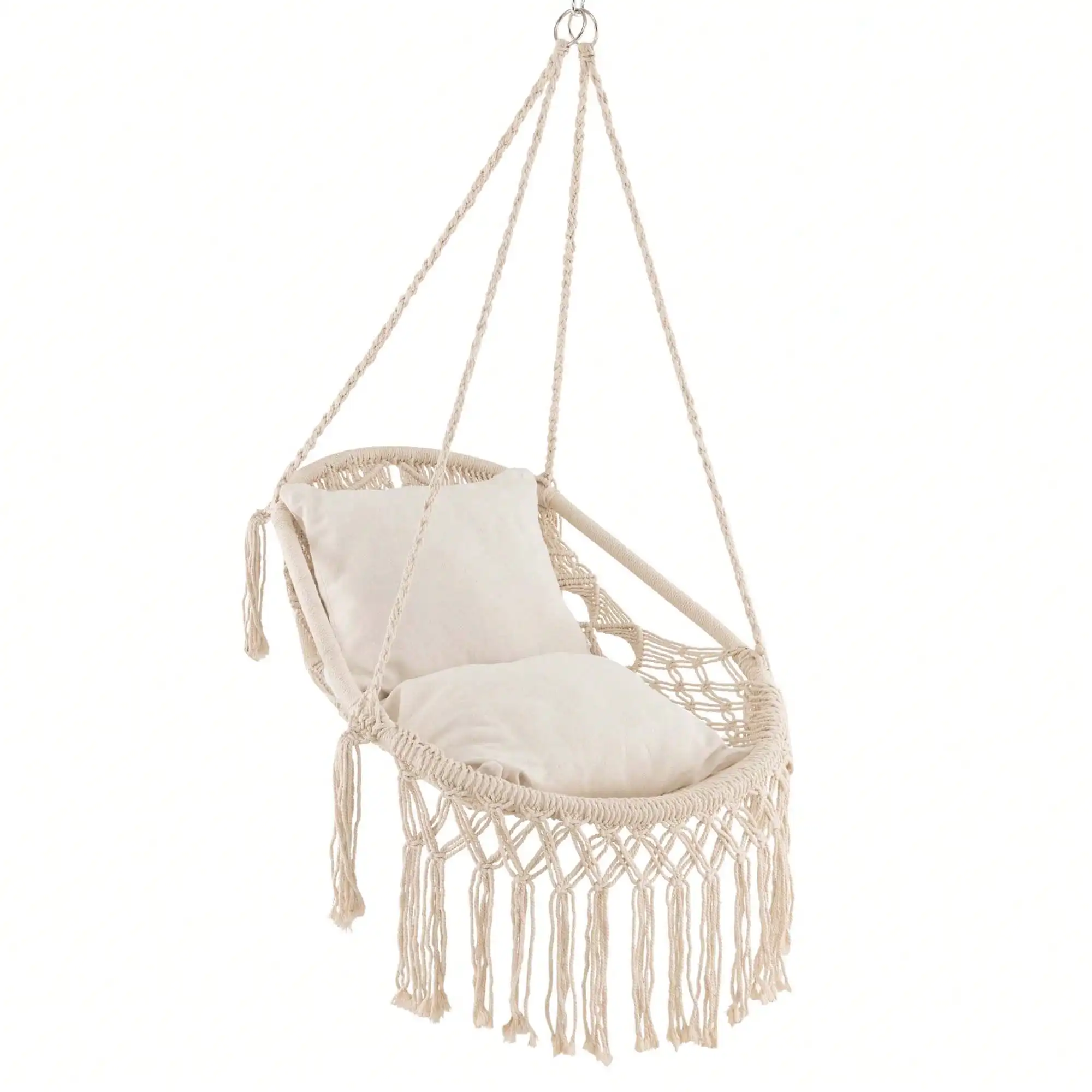 Indoor Outdoor Macrame Swing With Soft Seat Cushions Sturdy Hanging Rope & Chain