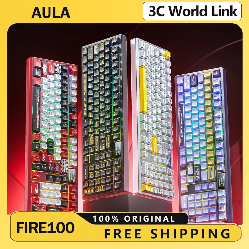 AULA FIRE-100 لوحة مفاتيح ألعاب من سبائك الألومنيوم ثلاثة أوضاع لوحة مفاتيح ميكانيكية شاشة LED طوقا RGB ملحقات رياضية إلكترونية مخصصة
