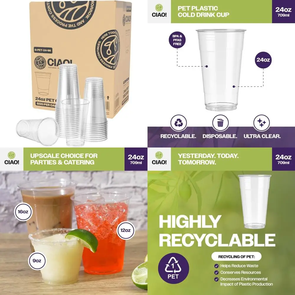 

24oz PET Plastic Cold Drink Cups - Ideal for Smoothies, Iced Coffee, and Beverages, 98mm Diameter, Pack of 600