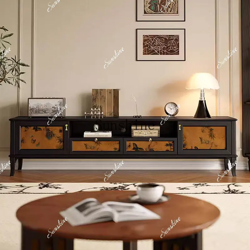 

French retro solid wood fragrant cloud yarn TV cabinet living room home storage floor cabinet FT