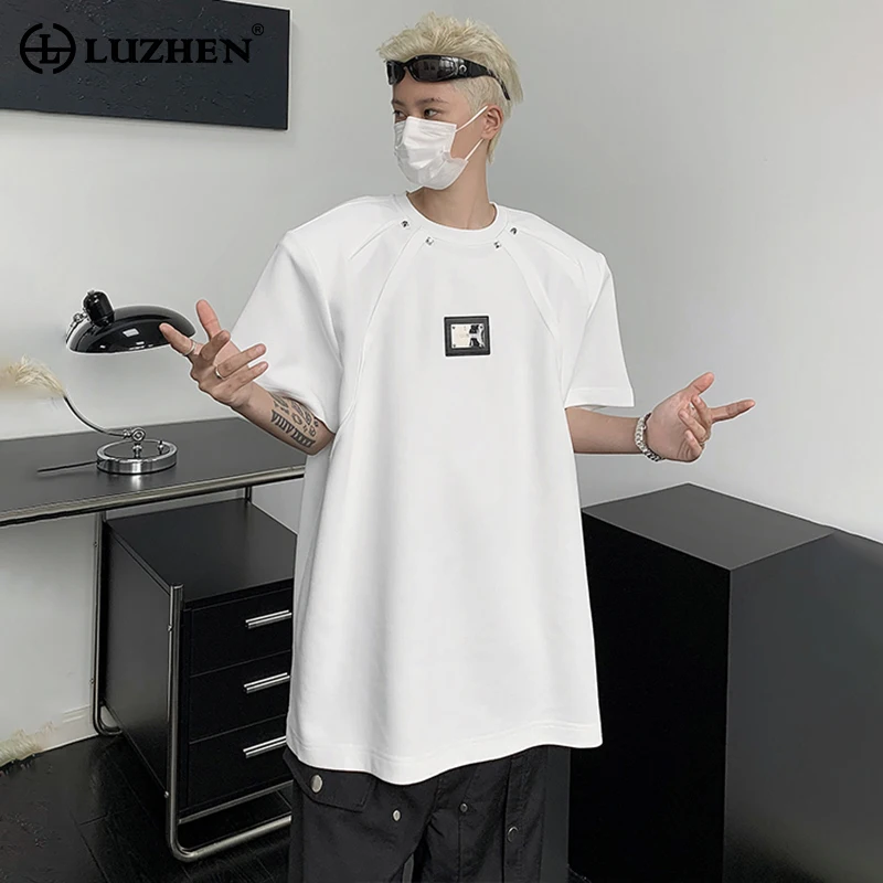 

LUZHEN Stylish Metal Decorate Splicing Design Short Sleeve T Shirts Men's Street Trendy Casual Tops 2024 Summer Clothes LZ3202