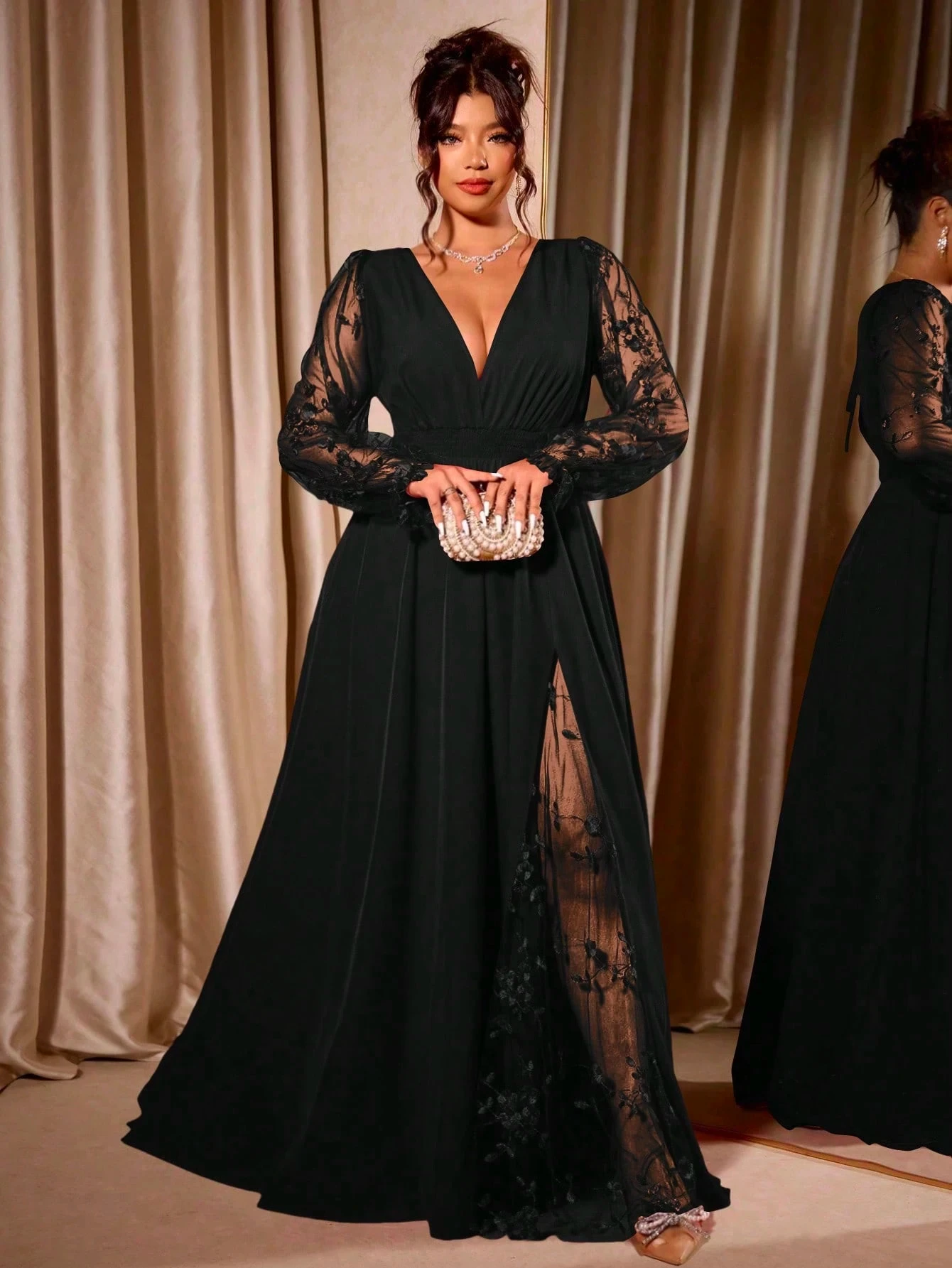 Plus Size New Women Evening Gown Dress Deep V-Neck Sheer Lace Sleeve Fall Wedding Guest Maxi Dress Slit Formal Party Long Dress