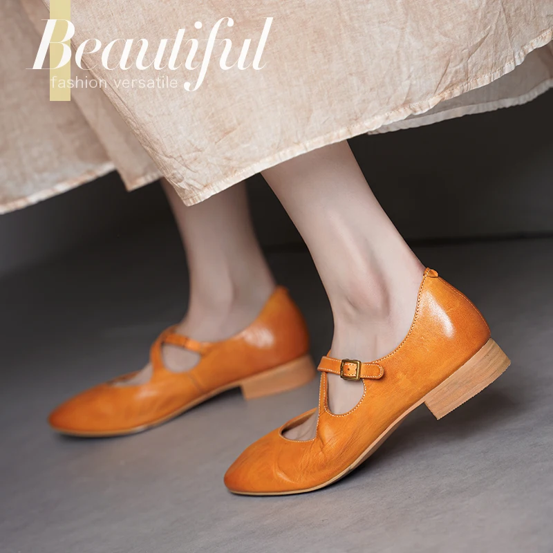 2025 Retro FlatsรอบToe Mary Janeผู้หญิงรองเท้ารองเท้าสุภาพสตรีคุณภาพสูงHorsehideฤดูใบไม้ผลิฤดูใบไม้ร่วงHandmade Vintageรองเท้า