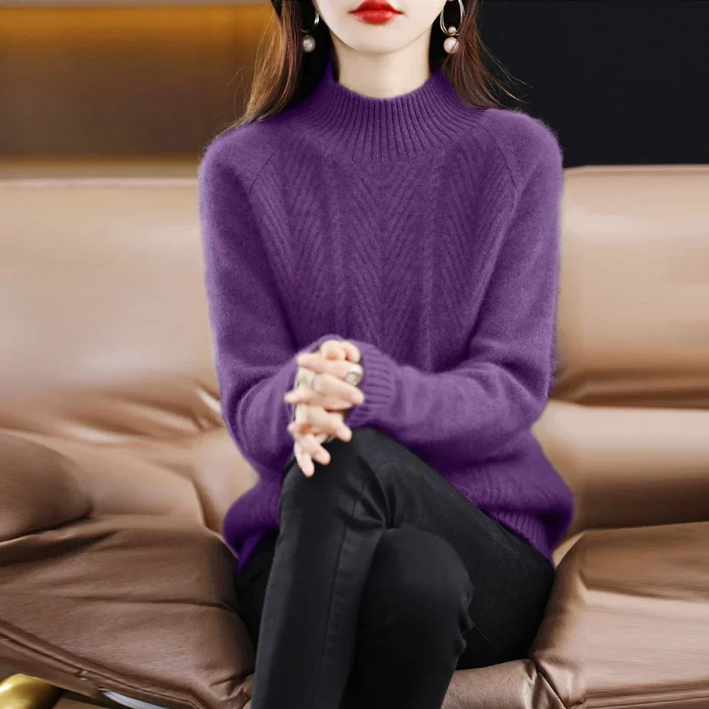 Women Sweater Turtleneck Black White Green Purple Apricot Knitwaer Half High Collar Long Sleeve T Shirt Pullover Sweater Top