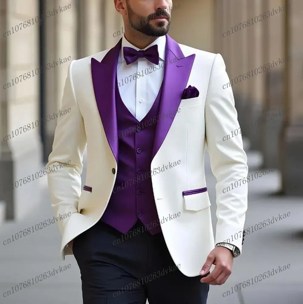 

Белый, фиолетовый, черный деловой мужской костюм, жених, жених, свадебная вечеринка, выпускной, мужские смокинги, комплект из 3 предметов, пиджак, жилет, брюки