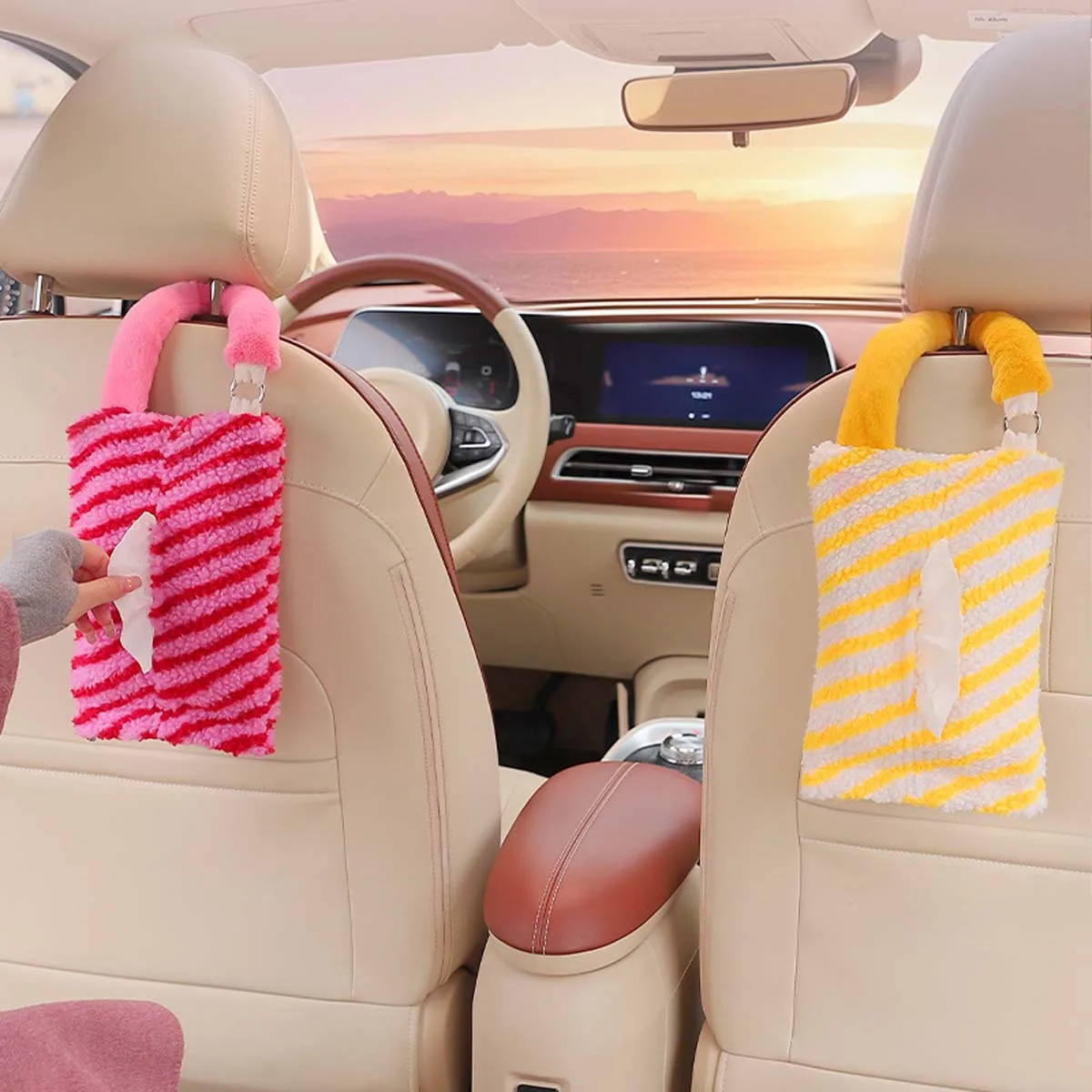 Cute Striped Hanging Car Tissue Holder, Stylish Headrest-Mounted Napkin Dispenser with Modern Appeal