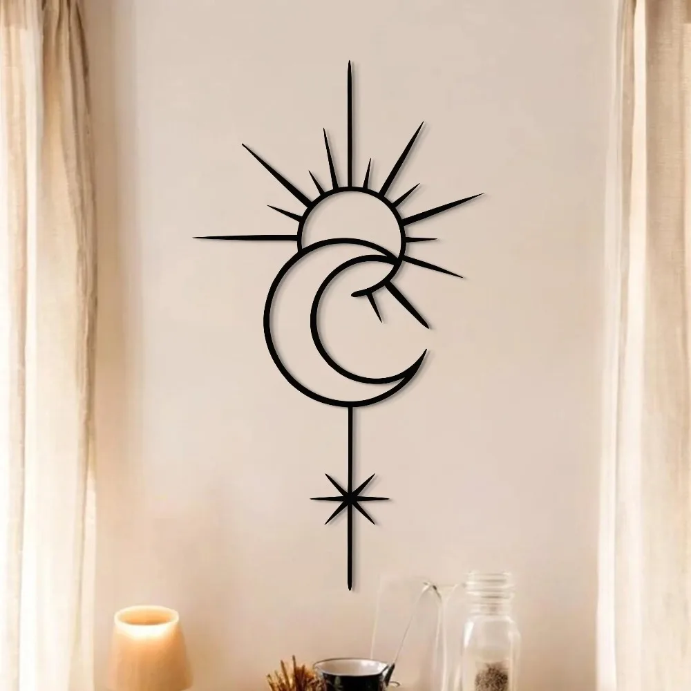 CIFBUY Iron Wall Art Sun Moon Star Celestial Metal Sculpture Hanging Plaque 3D Boho Home Decor Ornament Accent