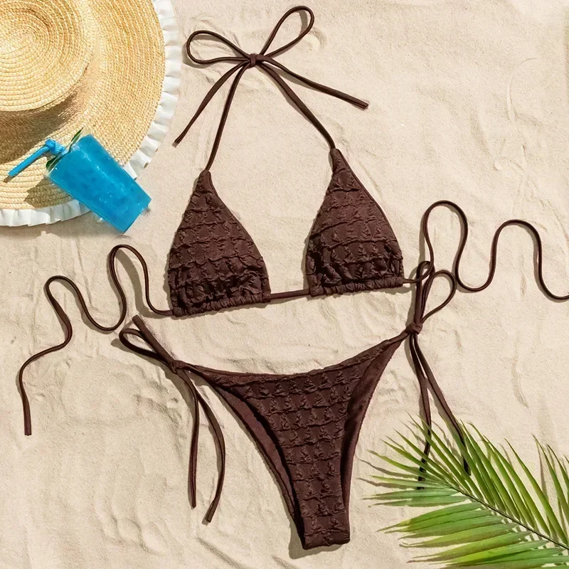 Feminino sólido marrom micro conjunto de biquíni corda halter triângulo tanga sexy enrugado maiô mujer biquine brasileiro