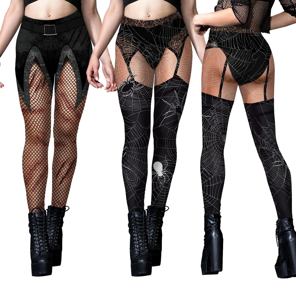 12% Spandex Fashion Gothic Leggings Lace Mesh Printed Women Sexy Black Elastic Workout Fitness Running Leggings pantaloni elasticizzati