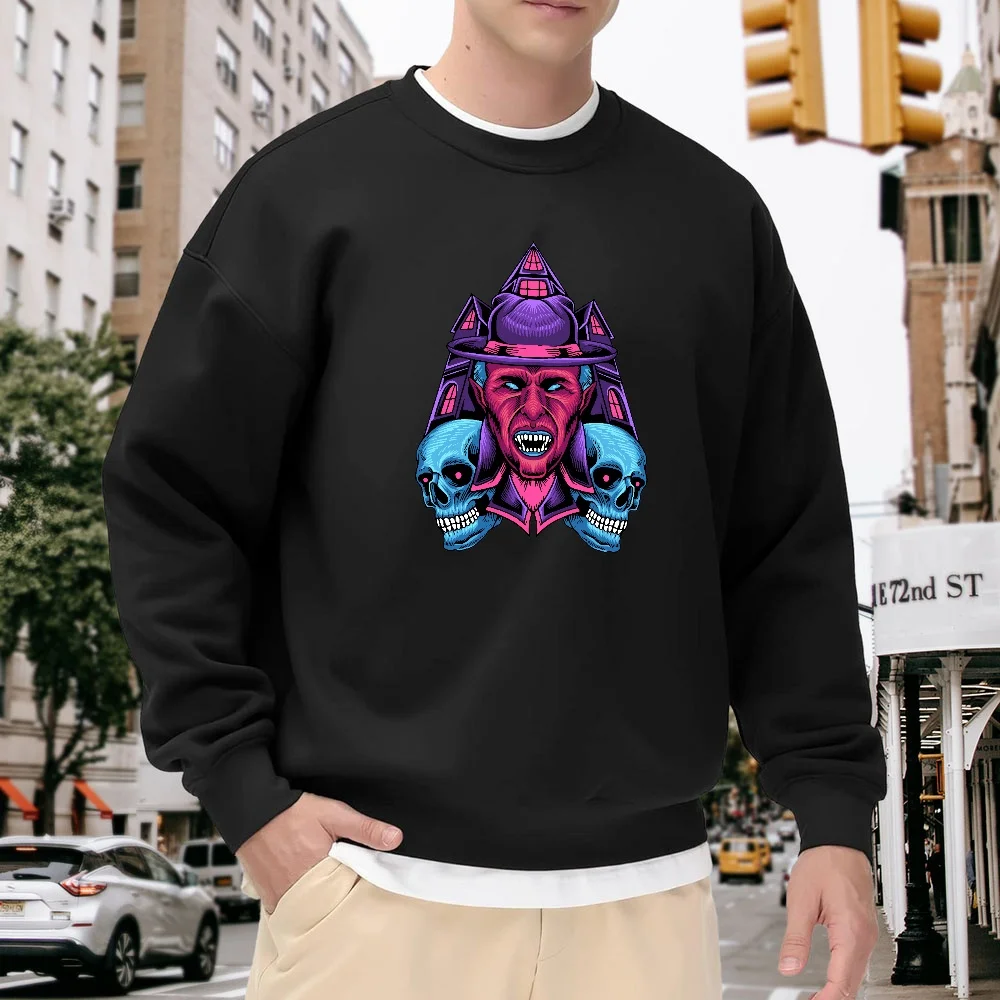 

Men's Black Crew Neck Loose Sweatshirt with Unique Skull Vampire Print, Street Fashion Casual Versatile Top, Comfortable and Breathable for Everyday Wear