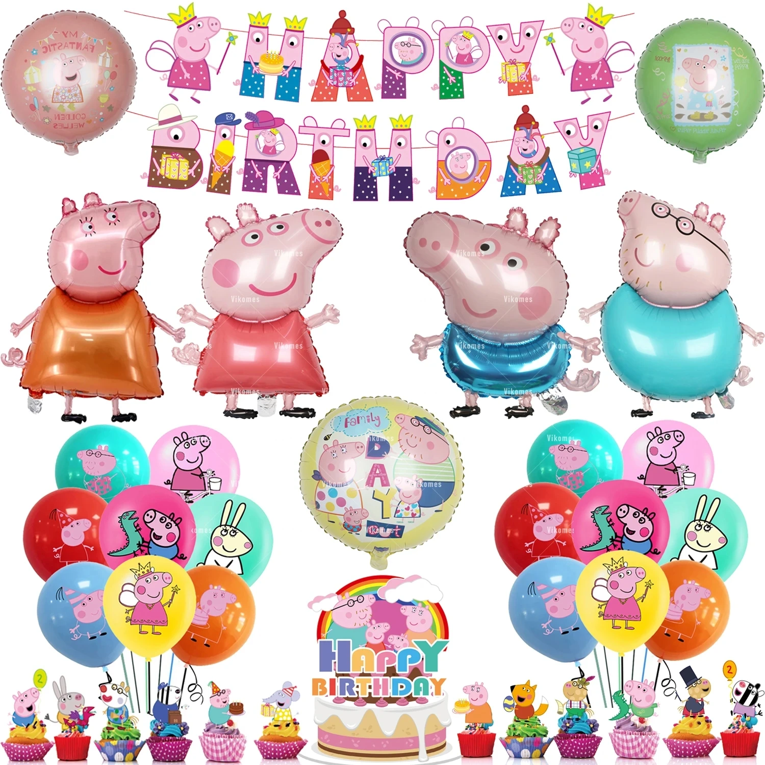 Peppaed Pig Balloons Family Pink George Rebecca Susy Ballons Happy Birthday Banner Party Decoration Kids Cake Topper Tableware