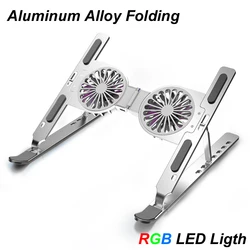 Metal Aluminum Alloy 2 Cooling Fan Bracket Folding Holder Stand Desk LED Light For Gaming PC Tablet Within 13-21 Inches Portabl