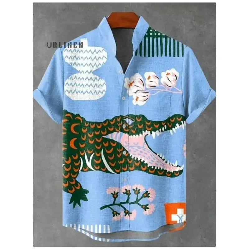 

Men's Casual Floral Decoration Crocodile Pattern 3D Printed Linen Shirt Short Sleeve Fashionable Summer Color Match