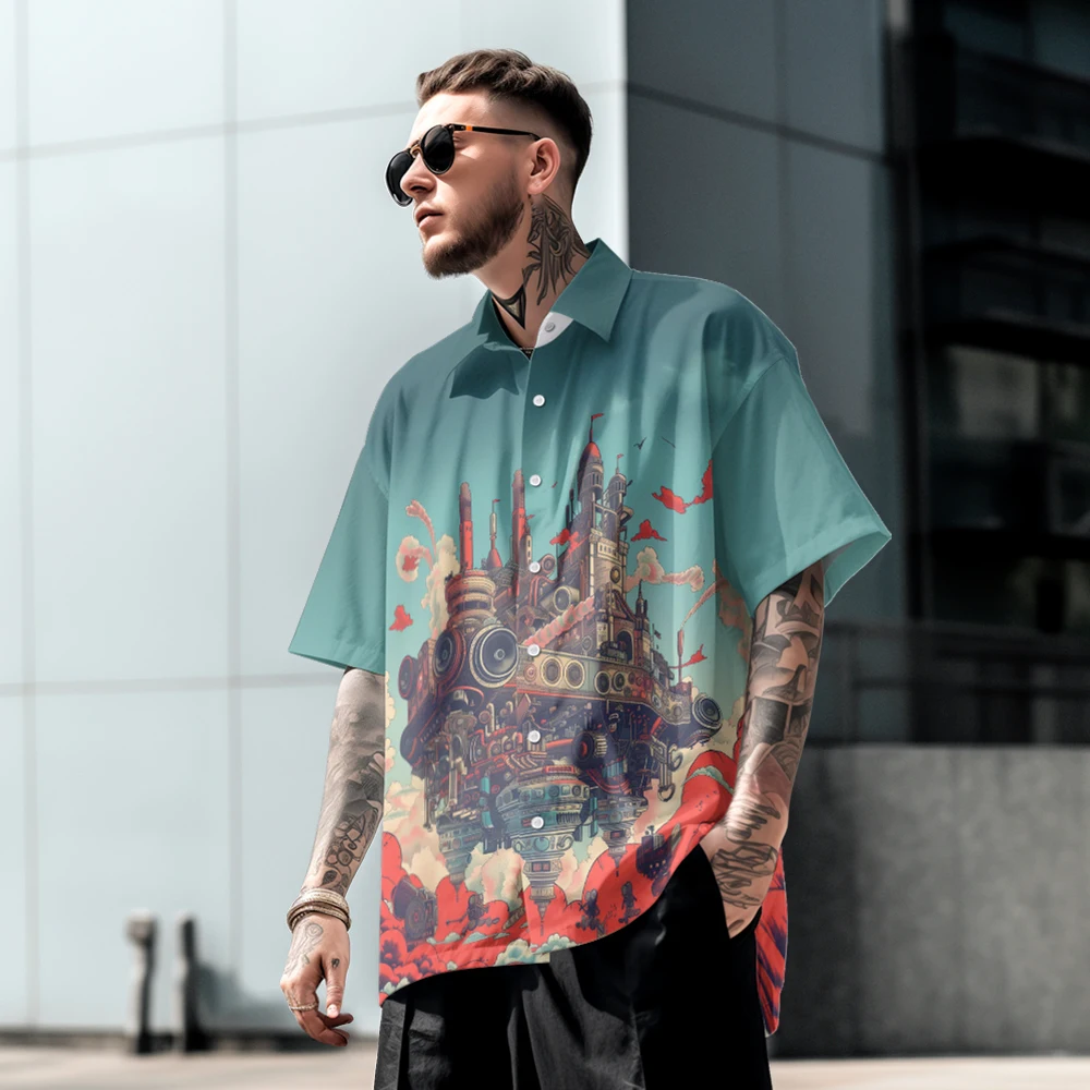 Casual cool fashion creative pattern design men's short-sleeved shirt summer loose large size features thin lapel T-shirt top