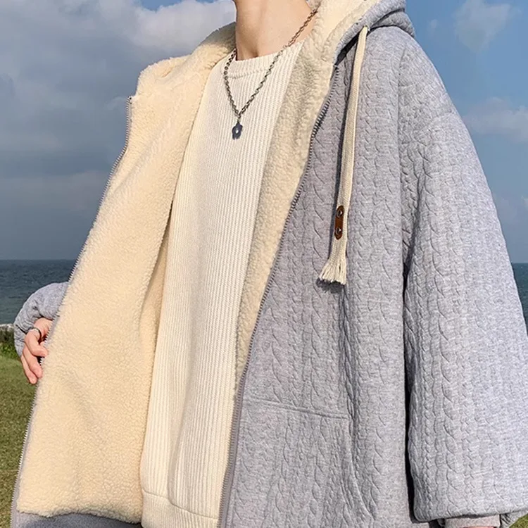 

Хлопковое мужское пальто с капюшоном на подкладке из овечьего меха, модное свободное пальто с хлопковой подкладкой, длинное пальто на молнии