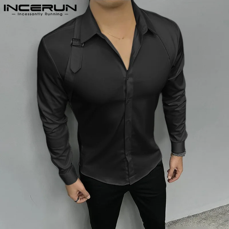 

INCERUN Men's Shirt Solid Color Lapel Long Sleeve Streetwear Casual Men Clothing 2024 Fitness Fashion Business Leisure Shirts