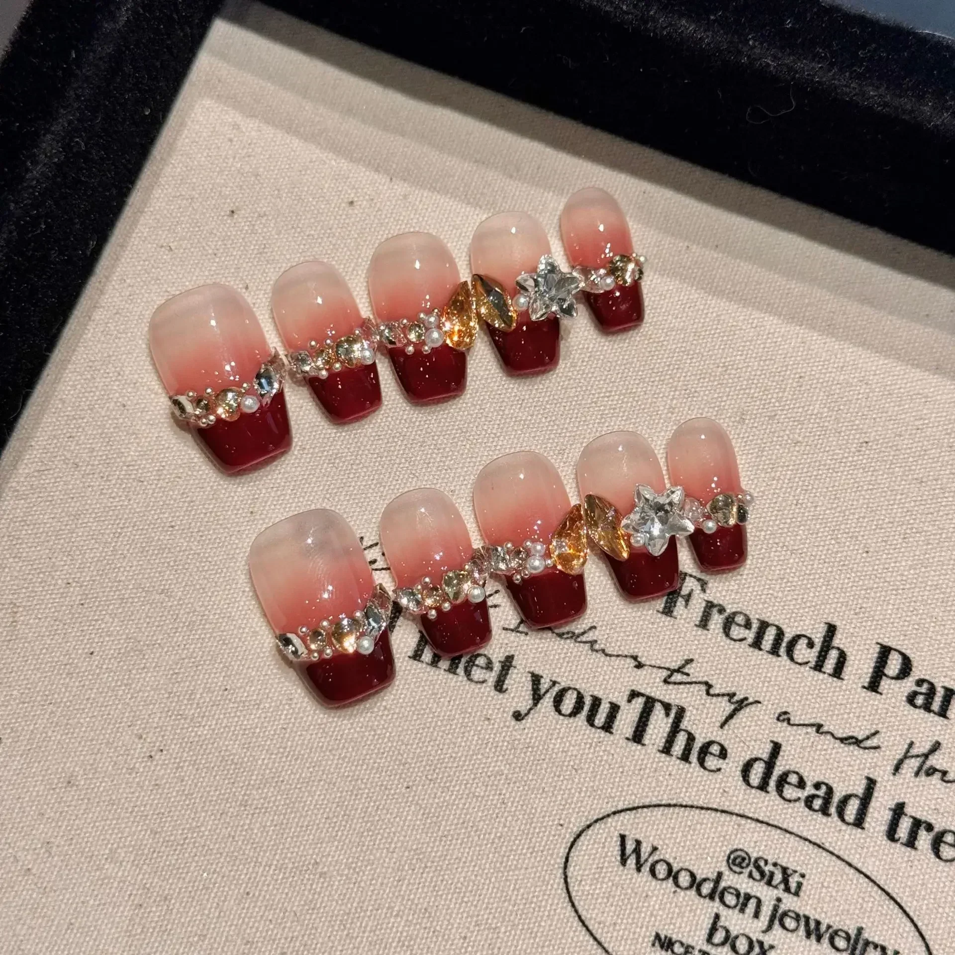 10Pcs French Handmade Press on Nails Fake Nails with Rhinestone Decoration Wearable Stick-on Nail Full Cover False Nail Uñas 네일팁