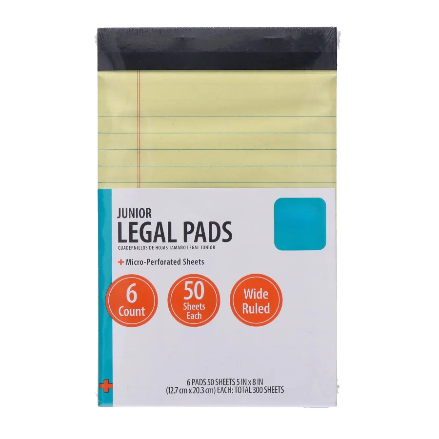 

Wide Ruled Junior Legal Pads, 5" x 8", Canary Paper, 50 Sheets Each, 6 Pack