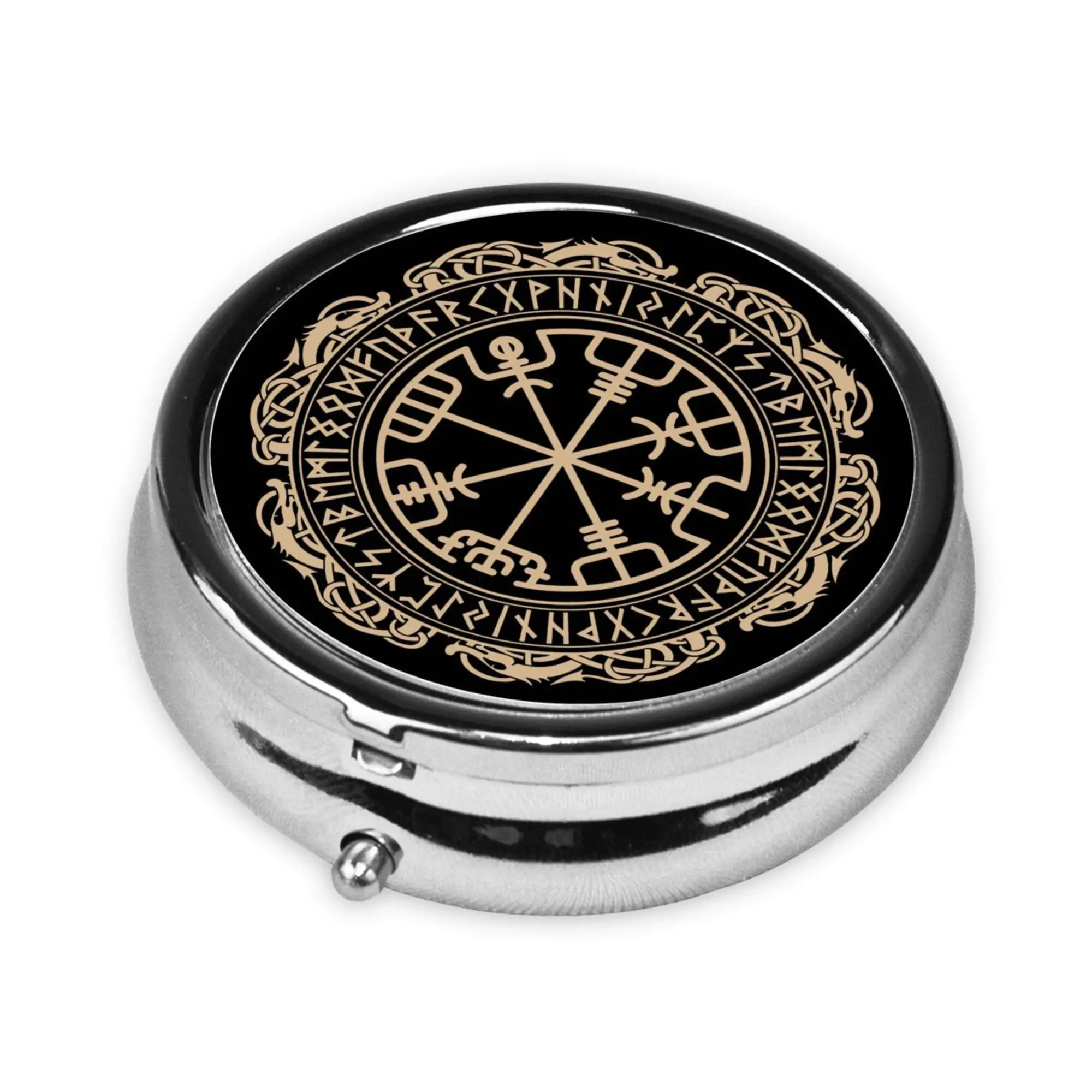 Black Vintage Celtic Viking Design Portable Pill Box for Pocket or Purse Pill Case Decorative Metal Medicine Vitamin Organizer