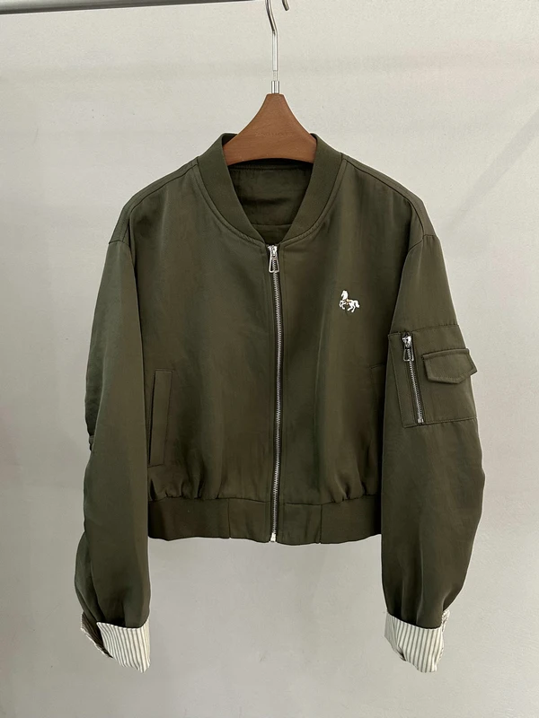 Casual Style Embroidered Baseball Jacket Women's Fashion Trend Loose Fit Long Sleeve Flight Jacket Stripe Pattern Outerwear