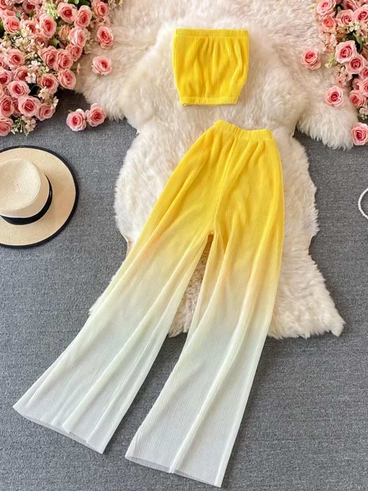 2024 Summer Women's Suit Korean Street Style Gradient Tube Top Short Top + High Waist Wide Leg Pants Female Sets