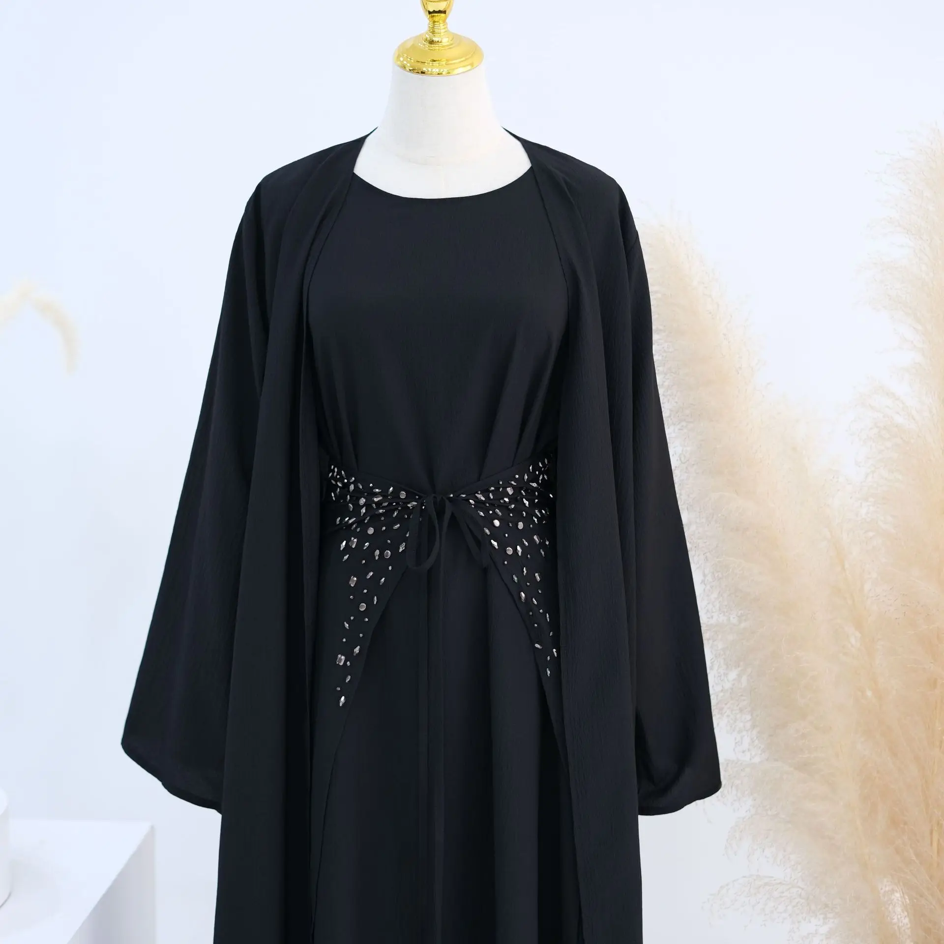 Ensemble 3 pièces pour femmes, noir, élégant, décontracté, tendance, Cardigans, robes intérieures, mi-enveloppement, vêtements féminins, moyen-orient, musulman, nouvelle mode