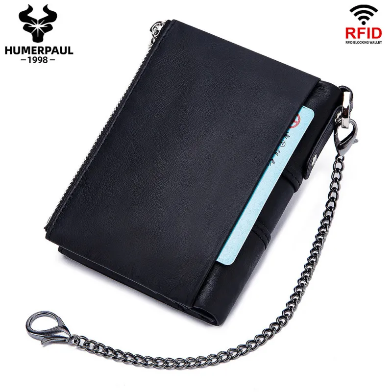 RFID anti-theft wallet genuine leather bag multi-function buckle zipper retro crazy horse cowhide men\'s bag casual coin purse