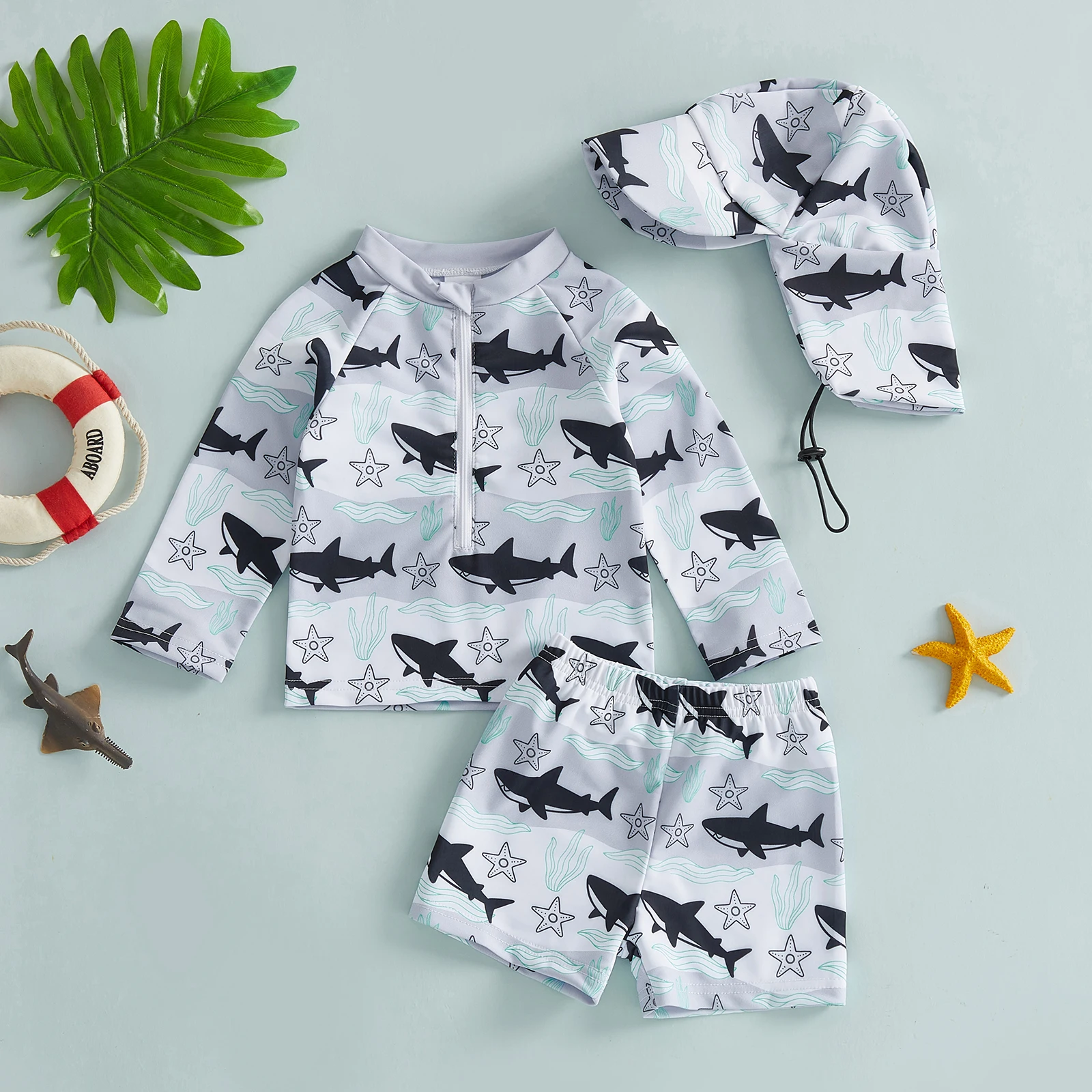 0-3Y طفل رضيع الفتيان طفح الحرس المايوه 3 قطعة مجموعة طباعة زمم طويلة الأكمام ملابس السباحة القمم السراويل وقبعة #5
