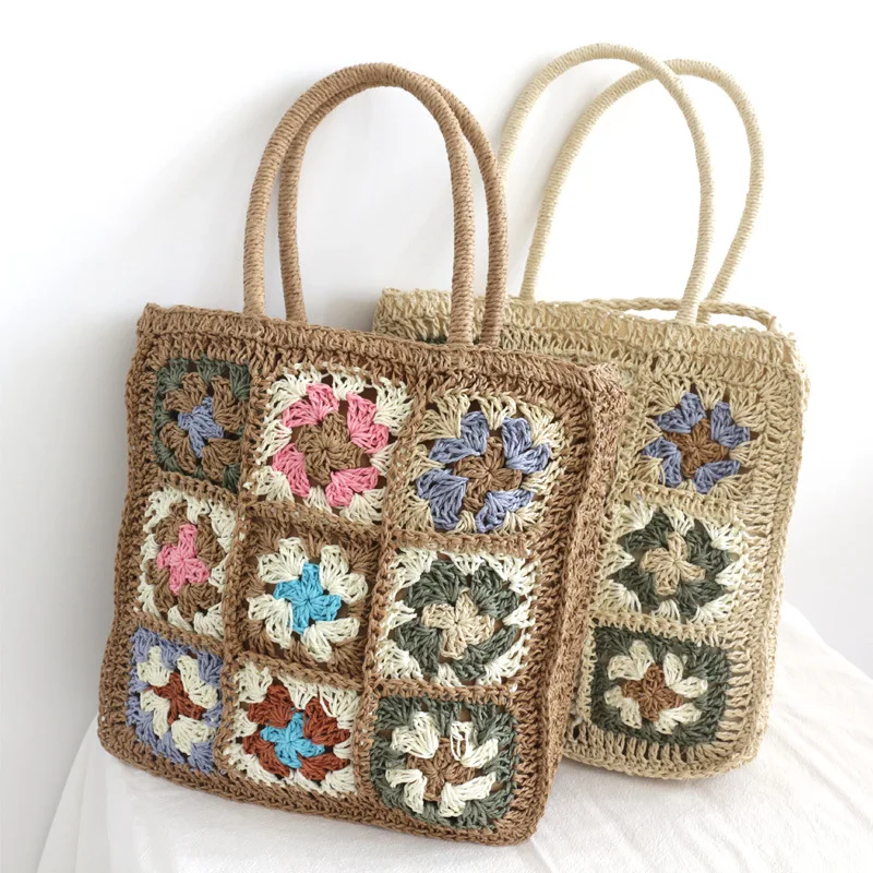 Bohemian Style Handmade Straw Bag Designer Multicolor Flowers Splicing Braided Crochet Shoulder Bag Summer Beach Floral Tote