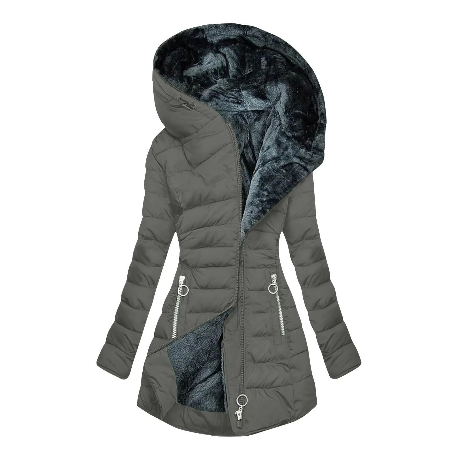 Autumn Winter Solid Composite Zipper Padded Coat Long Sleeve Pocket Slim Fit Outerwear Women Fleece Liner Warm Hooded Jacket