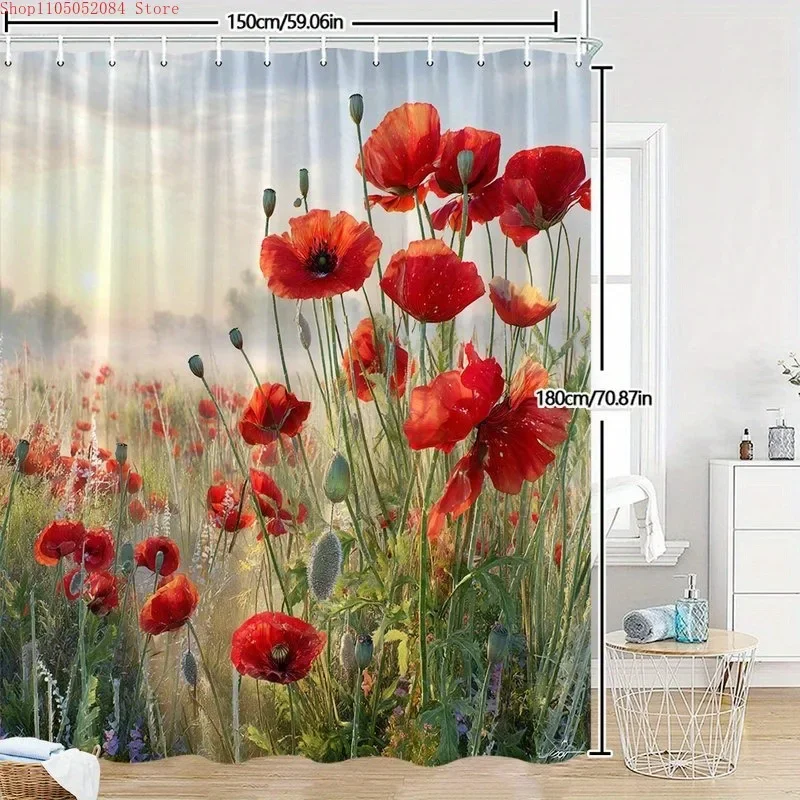 1pc vibrant poppy field shower curtain scene-   With Hooks Waterproof Mildew Proof Easy Install Washable