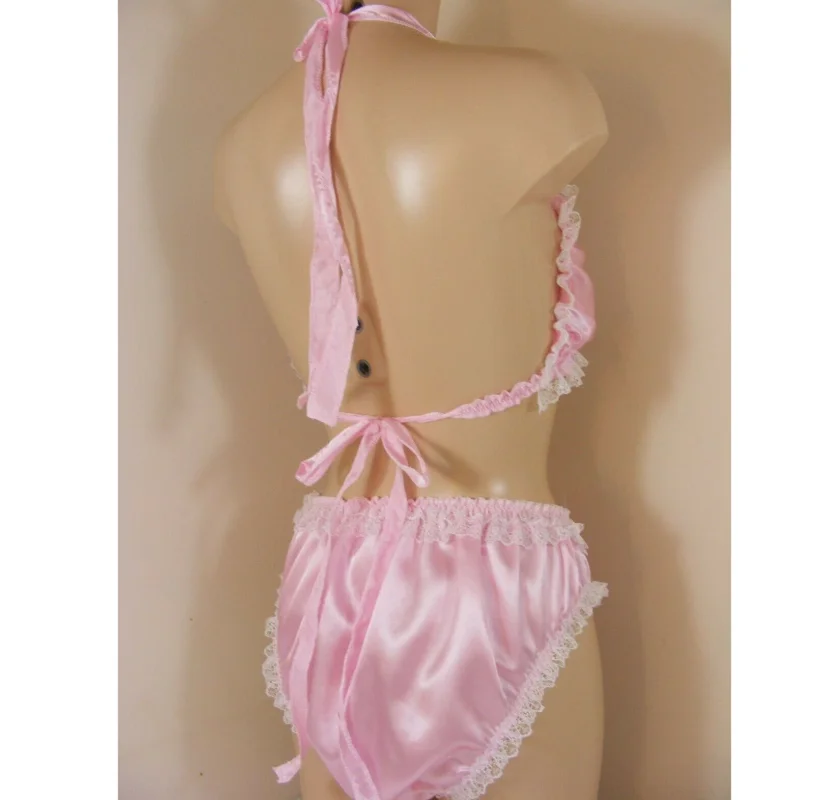 Sissy Silky Pink Satin Bra e Calcinha Conjunto, Top Roupa Interior, Lingerie Masculina, Calcinhas