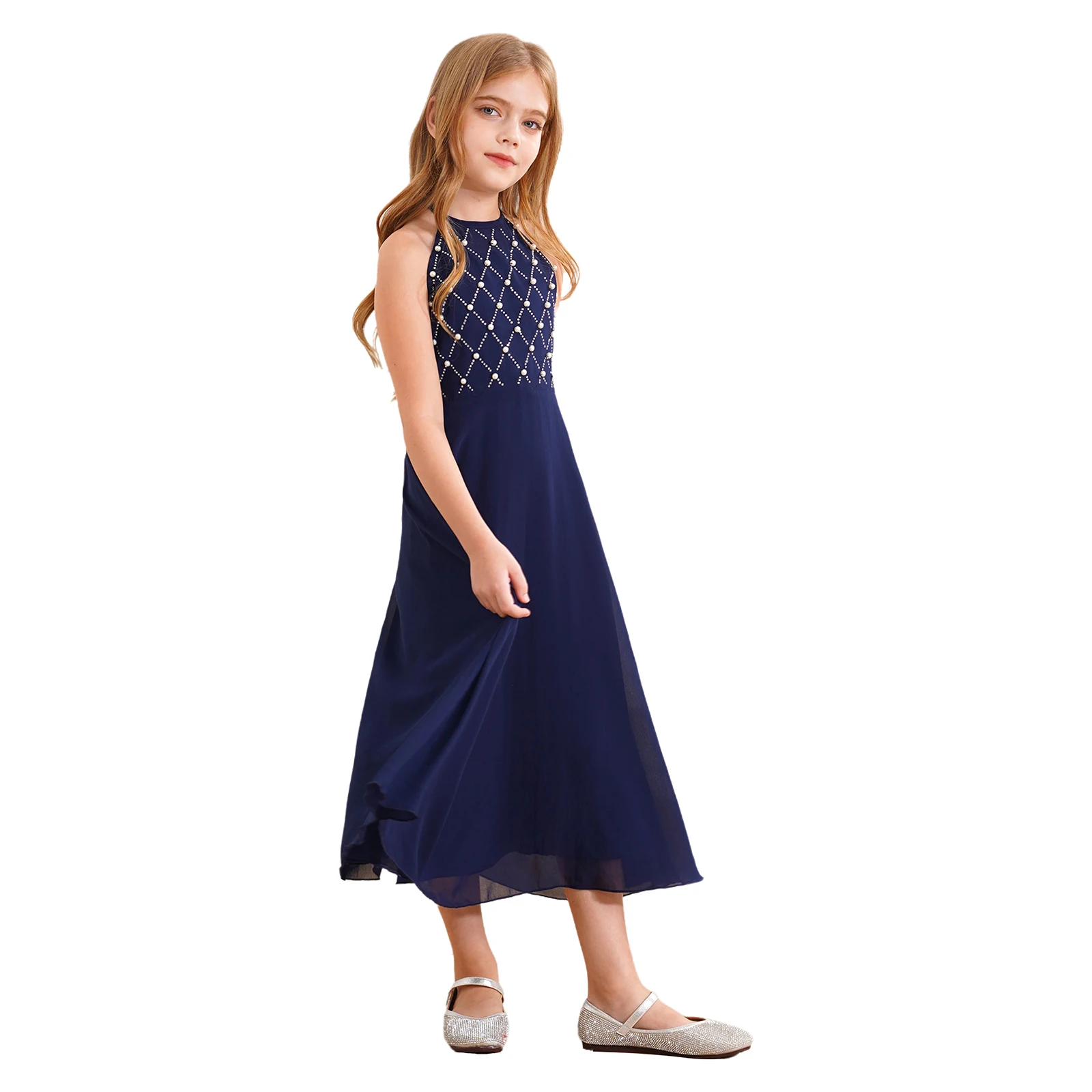 Robe de soirée en fibre de mousseline de soie pour enfants, licou, demoiselle d'honneur, soirée, anniversaire, robe de Rhprincesse élégante, vêtements de demoiselle d'honneur