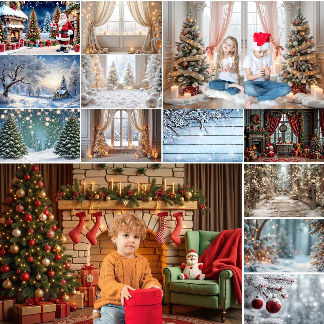 

MOON.QG Christmas Backdrop Photobooth Fireplace Xmas Trees Curtains Backgrounds For Photographs Photozone Portrait Photo Booth