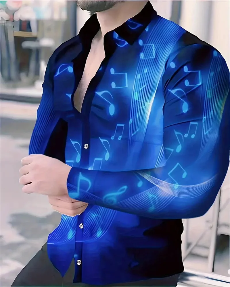 

Musical Note Pattern 3D Printed Men's Casual Long Sleeve Button Lapel Shirt, Suitable For Spring And Autumn, Men's Gift S-6XL