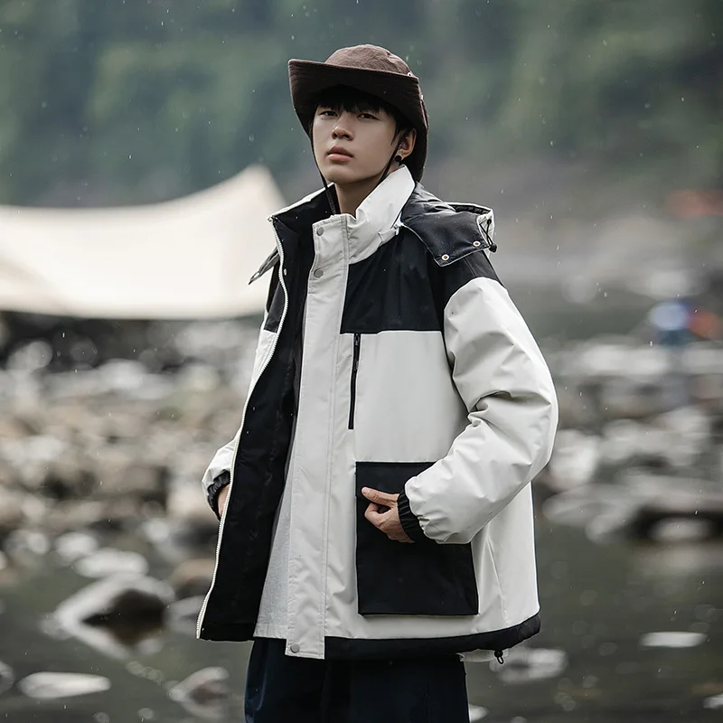 

Мужская куртка-карго осень-зима контрастного цвета с карманами мужская верхняя одежда с капюшоном на молнии с длинными рукавами свободное спортивное мужское пальто на открытом воздухе