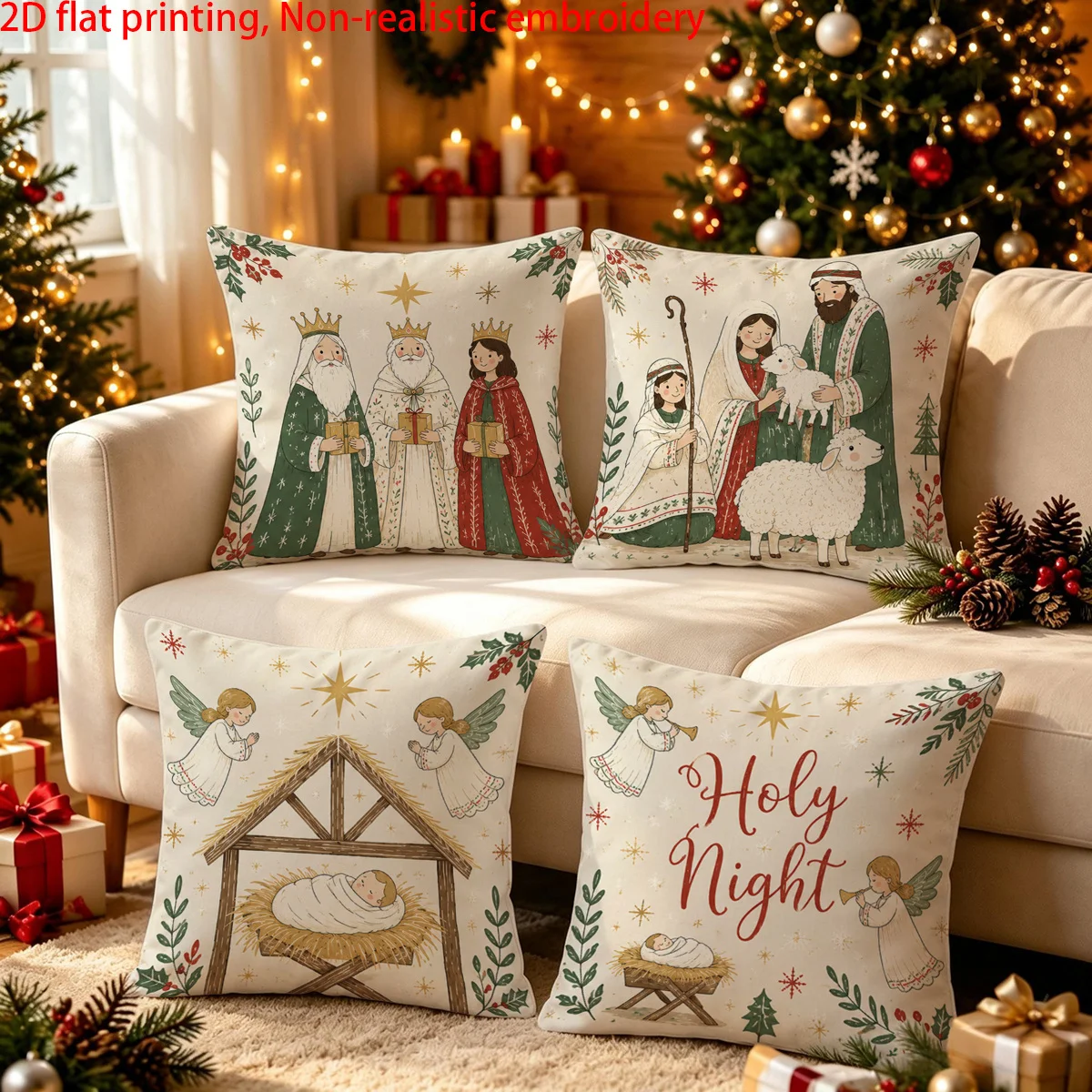 2D Flat, 4pcs, Christmas Birth Angel Three Wise Men Sheep Printed Pillowcases Cozy Hand-Drawn Cartoon Style Home Decor Pillow