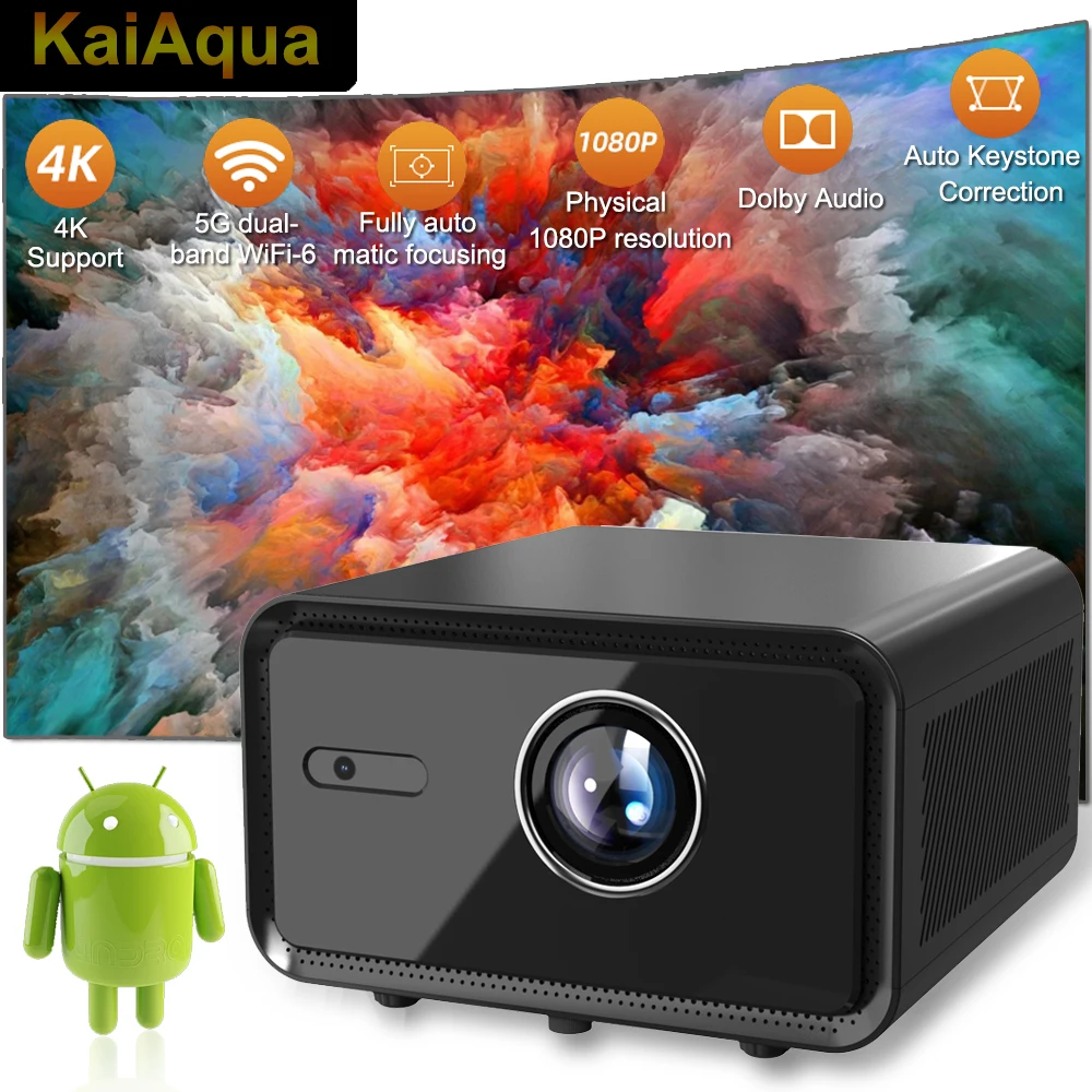 2025 KaiAqua جهاز عرض بتركيز تلقائي كامل HD 1080P جهاز عرض خارجي واي فاي جهاز عرض محمول تلفزيون صغير LED مسرح منزلي