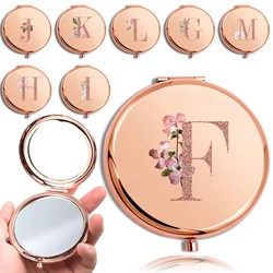 Double Sided ampliação Round Makeup Mirror, Metal Cosmetic, portátil Look Glass, Compact Handheld Mirror, Rose Gold Letter Pattern