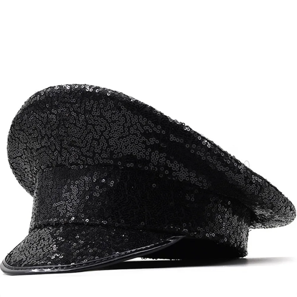 

Sequin Embellished Flat Top Hat Flat Top Sparkling Performance Hat Sergeant Style Shiny Performance Beret Stage Performance