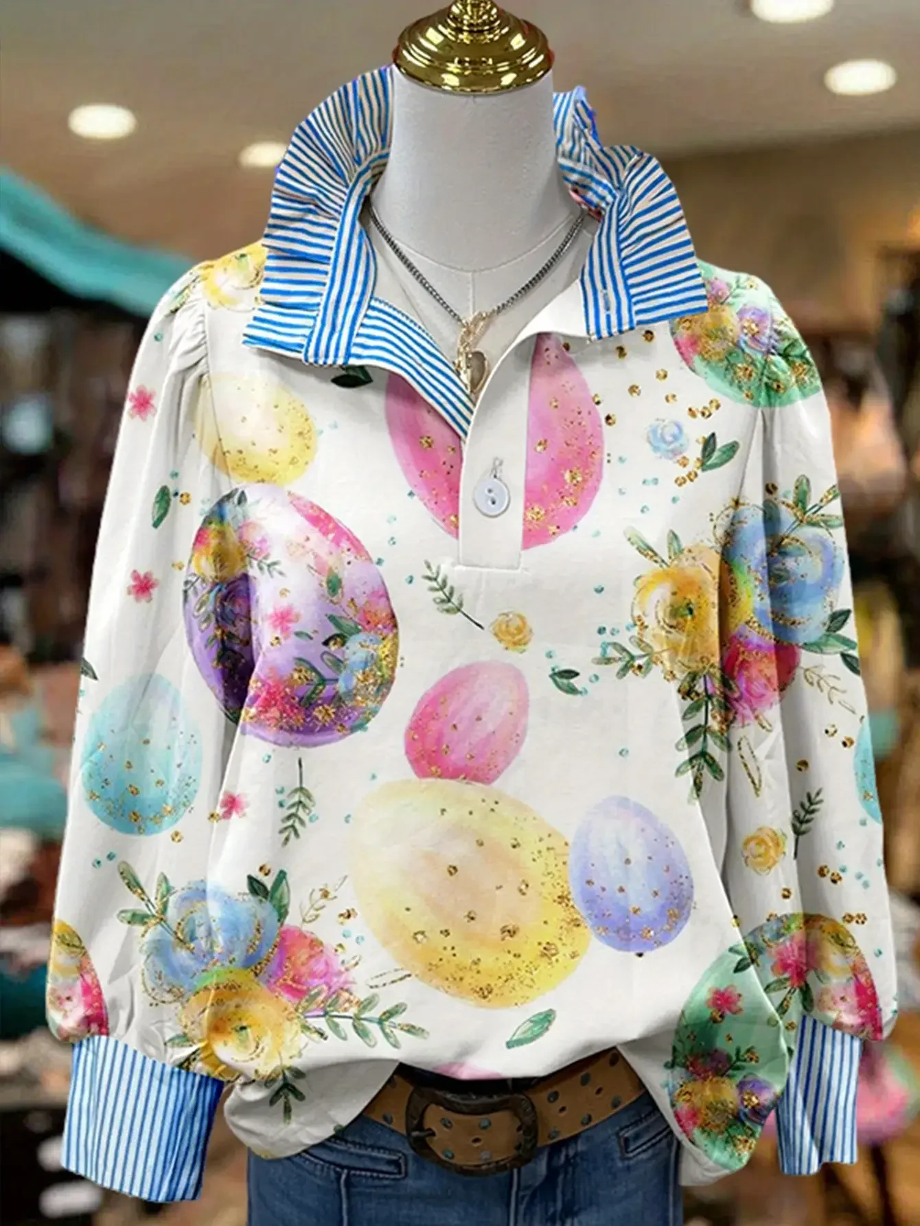 Christmas Women's Top Spring and Autumn Winter Women's Stand up Collar Shirt Long Sleeve, Four season comfortable shirt