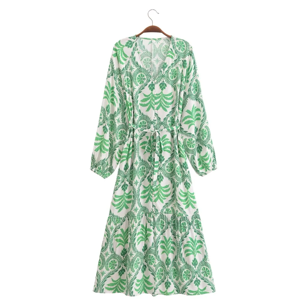 2024 BOHO Green Leaves Flower Bow Sashes Long Straight Shirt Dress Women Ruffles Hem Single-breasted Buttons Midi Robe Holiday